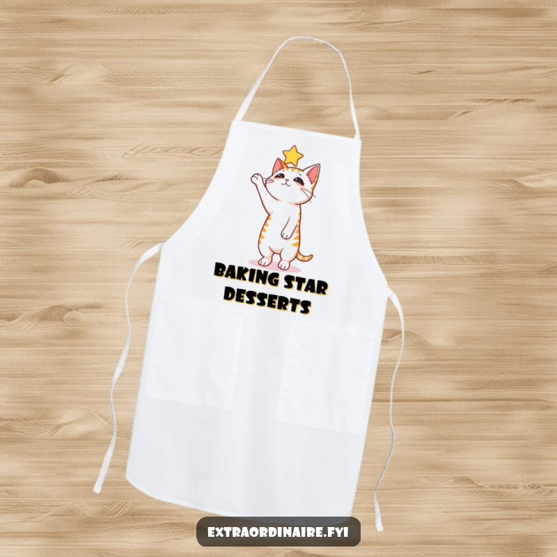 Funny curious cat apron, a cat balancing on hind legs reaching for a star, culinary humor.