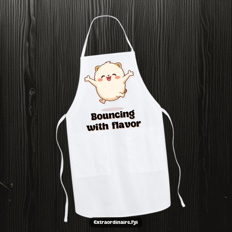Funny Apron: A fluffy, round animal character enthusiastically leaping with arms outstretched, perfect for a joyful cook.