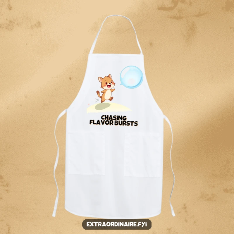 Funny apron illustration of a happy animal character with a chef's hat, zealously chasing a large, floating bubble in a kitchen setting.