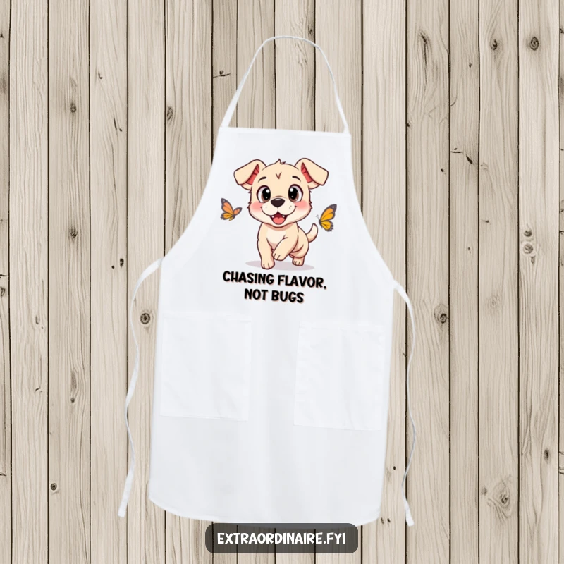 Funny apron depicting a dog with large, happy eyes chasing a butterfly, perfect for humorous kitchen protection.