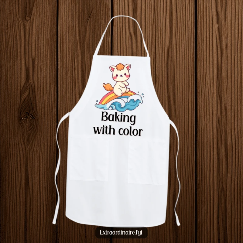Funny apron illustration of a happy animal character wearing a chef's hat, riding a colorful rainbow and waving cheerfully.