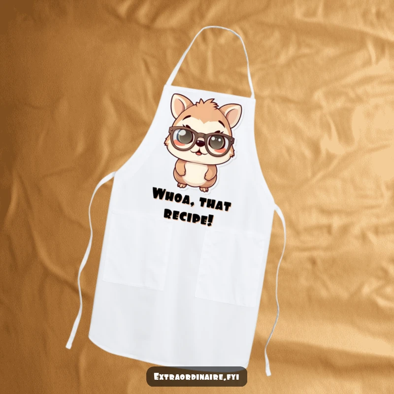 Funny apron illustration of an animal character wearing huge spectacles, eyes wide in a comical, startled pose, ready to cook.