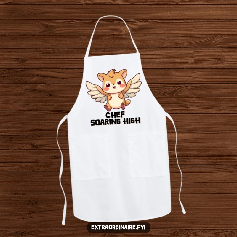 Funny apron illustration of a brave animal character attempting flight with comically large, flapping wings, ready to cook with spirit.