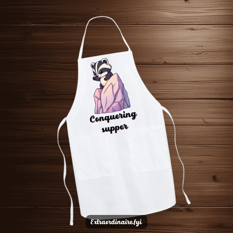 Funny badger mountain apron, a brave rodent climbing a miniature glittery mountain, ready to handle kitchen adventures with humor.