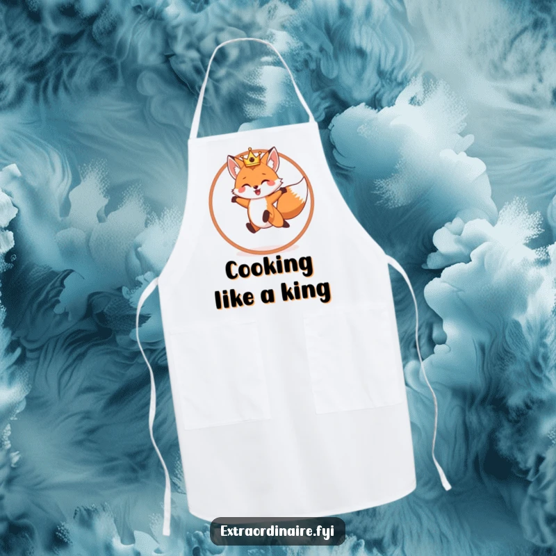 Funny apron design with a cheerful fox wearing a crown, leaping through a hoop while cooking.