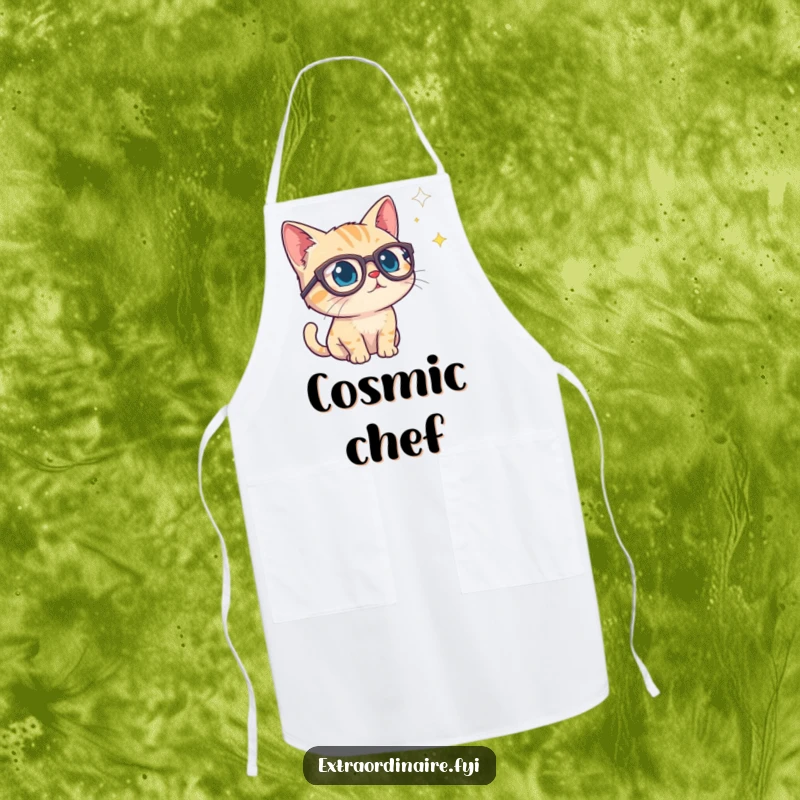 Funny apron showcasing a curious cat in spectacles gazing into a starry void, ideal for a curious and cosmic cooking session.