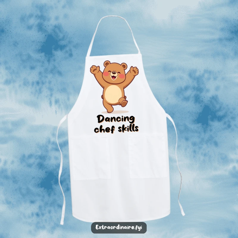 Funny dancing bear doing a cartwheel with pure elation on a durable kitchen apron, ready for culinary adventures.