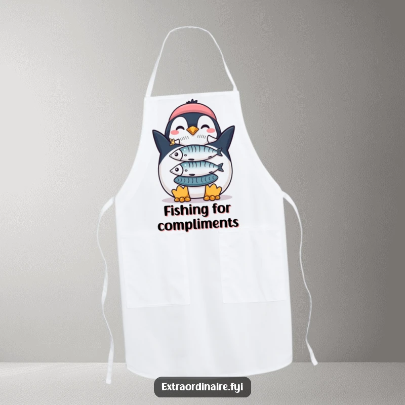 Funny Penguin Fish Stack Apron: A penguin proudly showing off a stack of fish, ready for funny culinary feats.