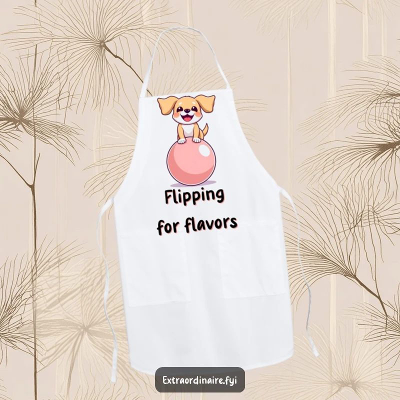 Funny apron with a joyful dog, floppy ears flying, balancing on a giant bouncy ball, perfect for a fun cook.