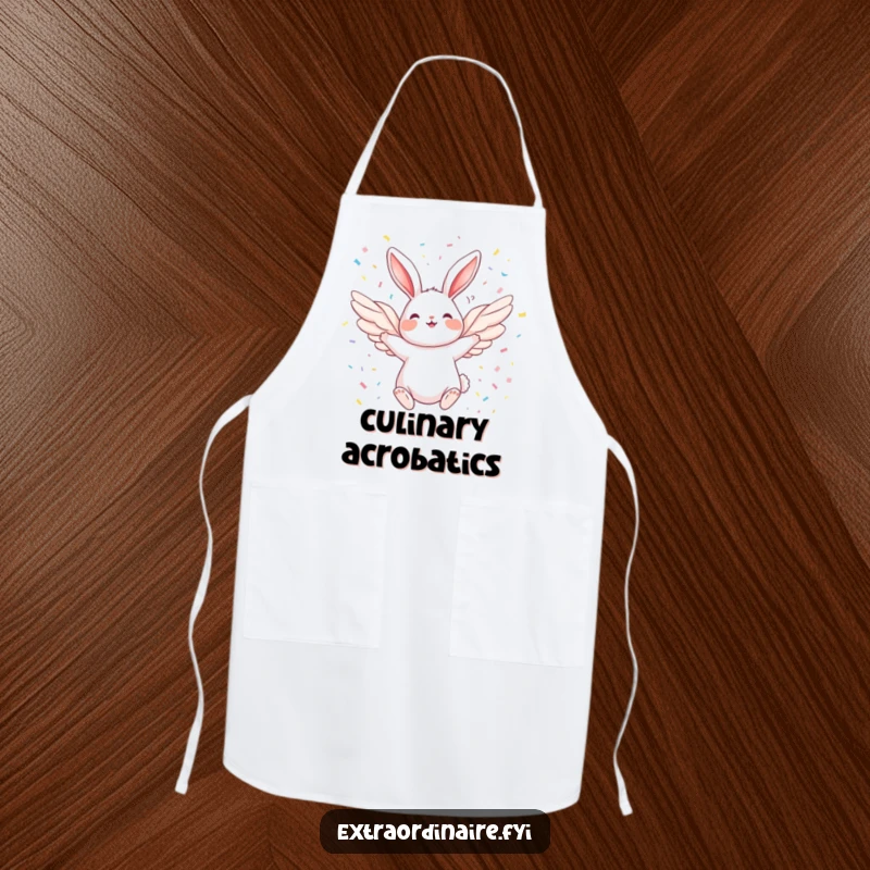 Funny Angel Rabbit Apron: A chef's apron with a funny illustration of a joyful winged rabbit soaring through a cheerful confetti shower.