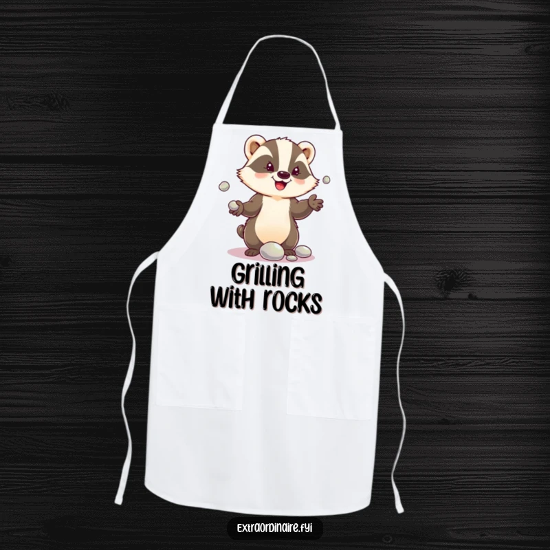 Funny apron featuring a delighted badger character juggling shiny pebbles, a whimsical and humorous kitchen accessory.