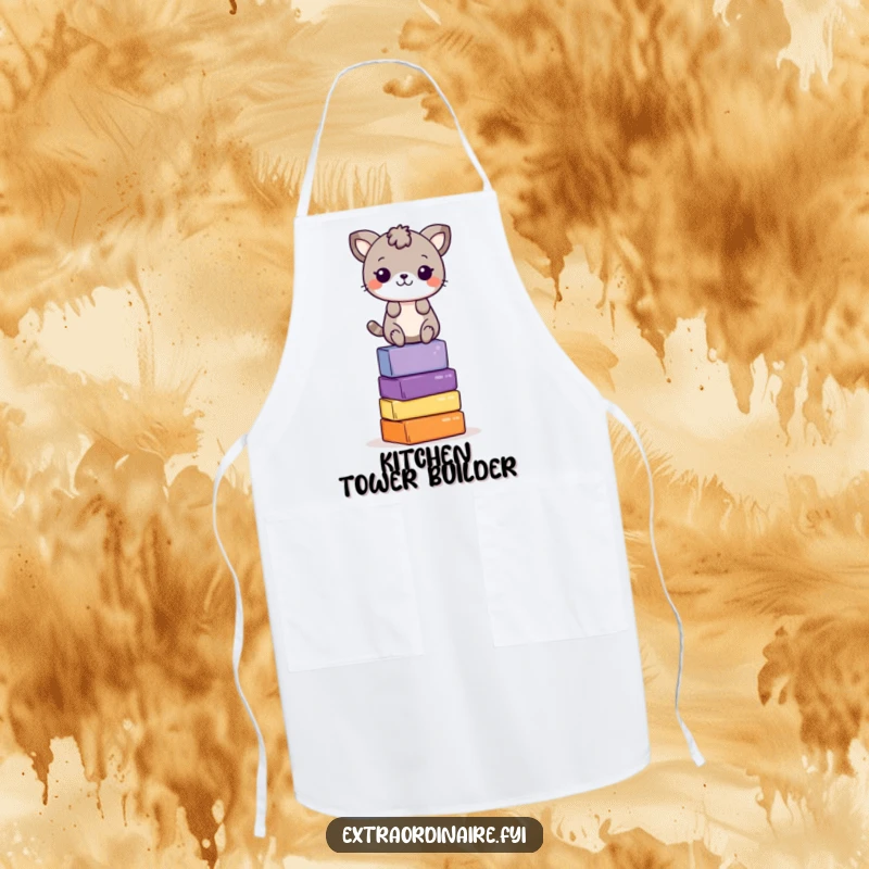 Funny Apron: A playful animal character skillfully balances on a stack of colorful blocks, adding fun to kitchen tasks.