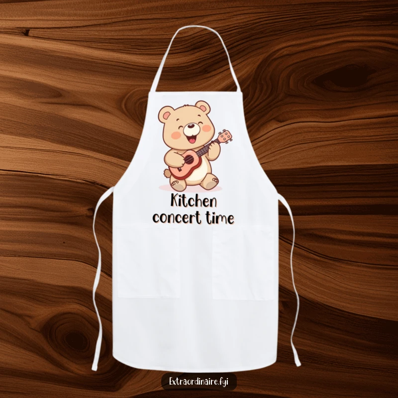 Funny Bear Apron: A cheerful bear character wears an apron and plays a miniature ukulele while cooking.