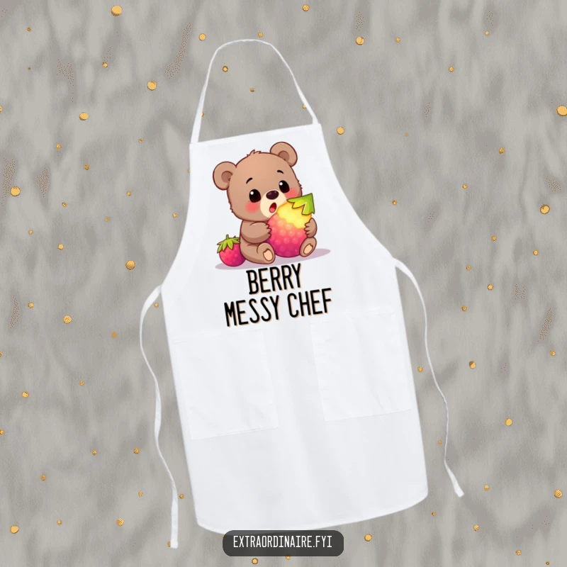 Funny bear cub berry apron showing a cub looking surprised at a giant glowing berry, perfect for kitchen humor.