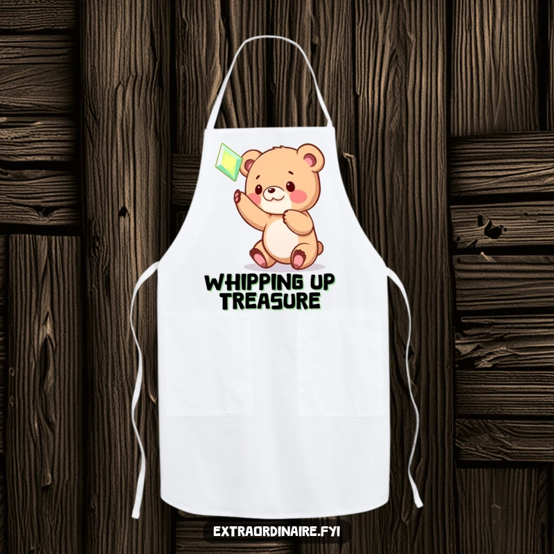 Funny Bear Cub Gem Apron: A comical apron featuring a playful bear cub batting at a radiant, hovering gem. Great for kitchen fun.