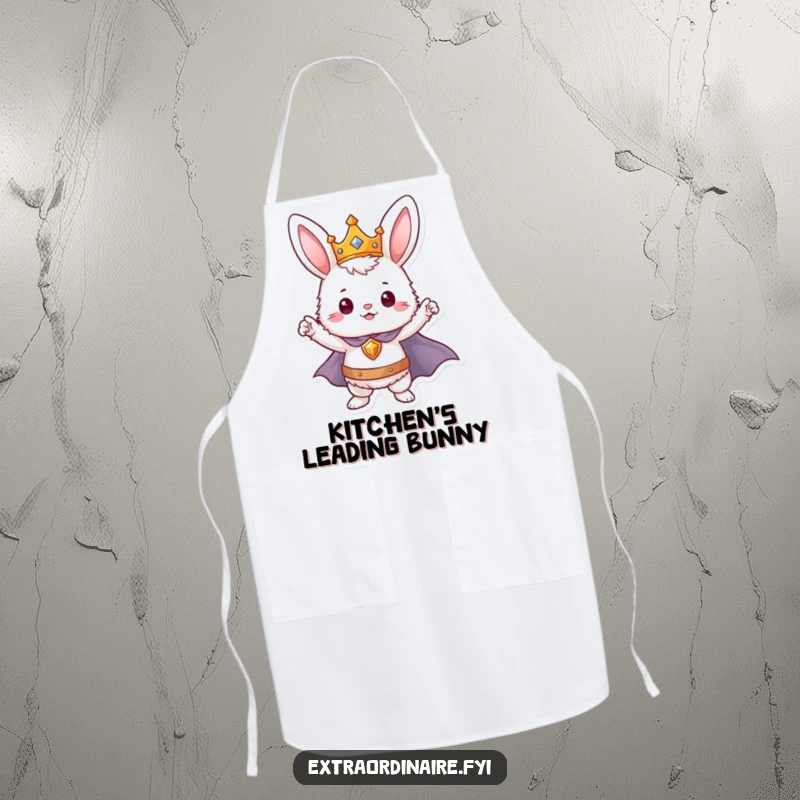 Funny bunny hero apron, a crowned and caped rabbit striking a pose, ideal for heroic chefs.