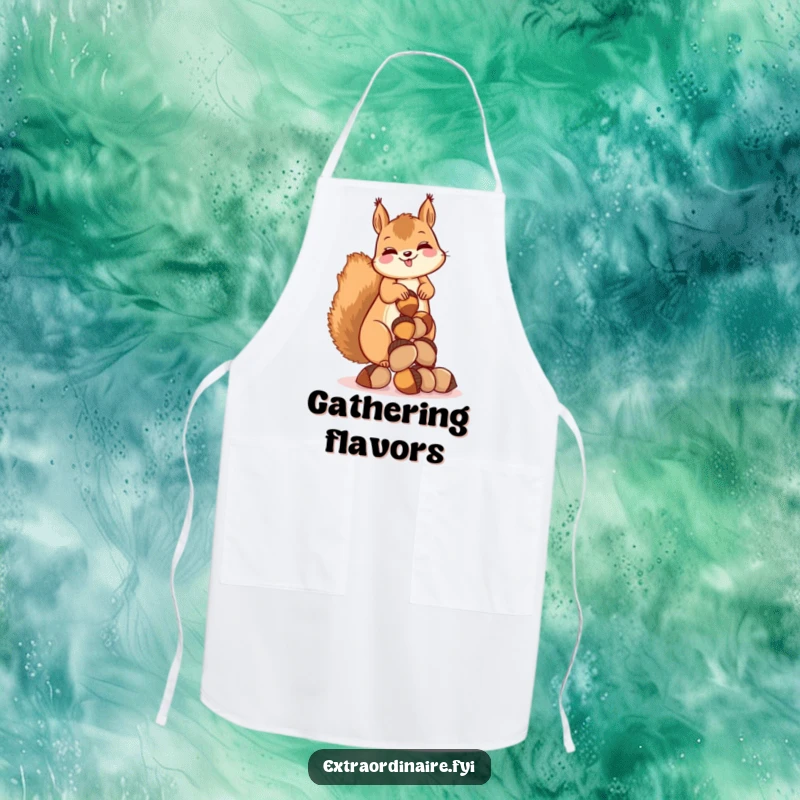 Funny apron with a giggling squirrel balancing a stack of acorns, perfect for kitchen fun and protecting clothes.