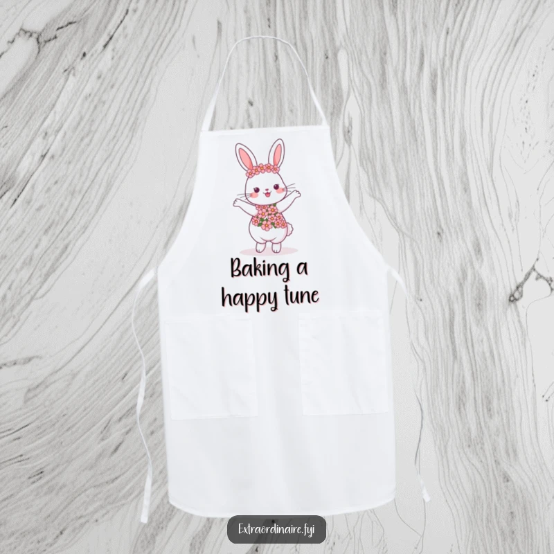 Funny dancing rabbit apron, wearing a flower garland, great for kitchen use, adds humor and charm, a perfect funny gift.