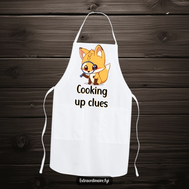 Funny fox apron for cooking, a curious fox with a magnifying glass, durable and humorous kitchen wear, great funny gift for chefs.