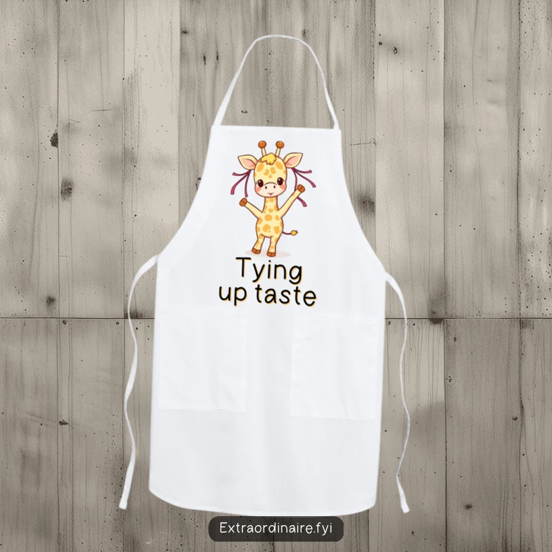 Funny giraffe apron, a joyful giraffe character dancing with ribbons, adding cheer to kitchen activities, protective and stylish wear.