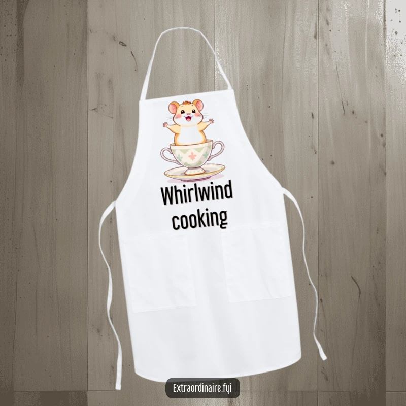 Funny Hamster Apron: A happy hamster balancing on a spinning teacup, looking exhilarated, adding fun to kitchen tasks.