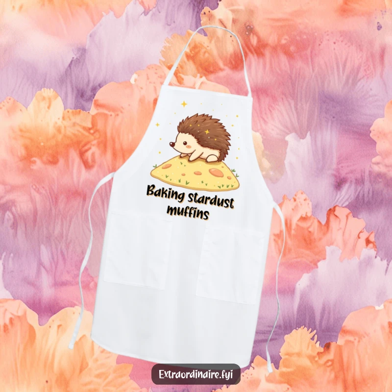 Funny Hedgehog Stardust Apron showing a happy hedgehog rolling down a hill covered in stardust, adding magic to kitchen activities.