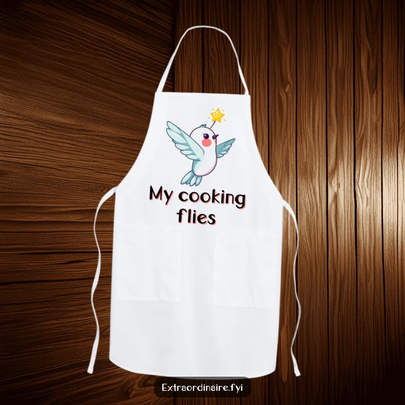 Funny cheerful hummingbird soaring with a star on a kitchen apron, adding celestial charm to cooking, a magical accessory.