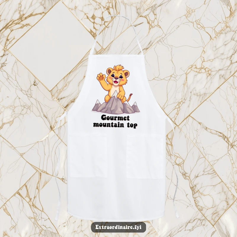 Funny little chef lion cub apron, a cub raising paws triumphantly after conquering mini mountains.
