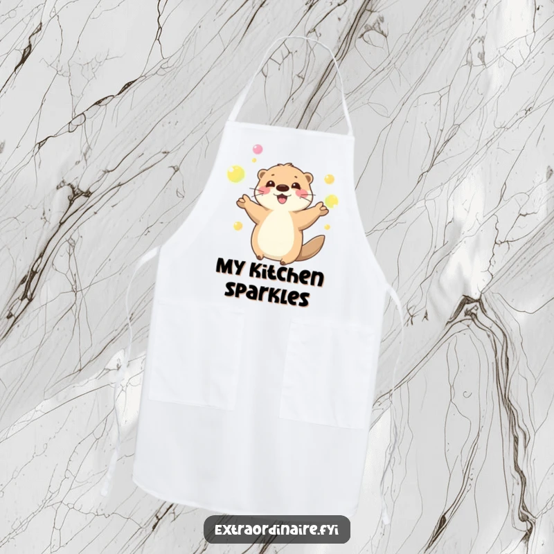 Funny playful otter juggling glowing orbs on a kitchen apron, adding aquatic humor and fun to cooking, a charming accessory.