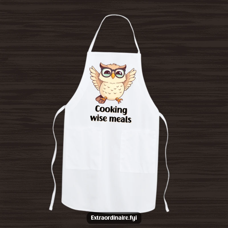 Funny apron depicting a giggling owl with spectacles trying to fly with mismatched wings, perfect for humorous kitchen protection.