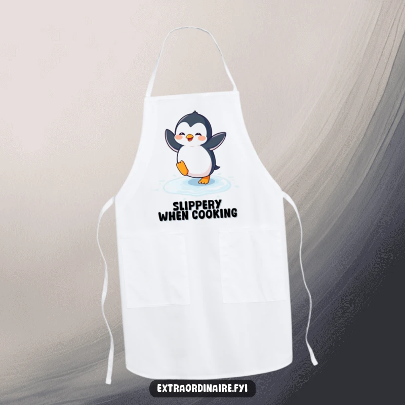 Funny penguin dance apron showing a penguin performing a silly dance while cooking, adding humor to kitchen tasks.