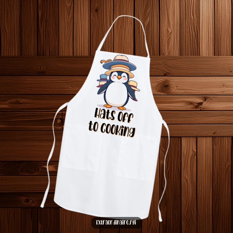Funny Penguin Hat Stack Apron: A silly penguin balances oversized hats, adding a humorous and practical touch to your cooking attire.