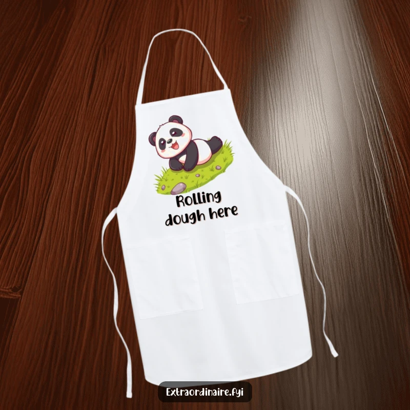Funny apron with a playful panda character rolling down a grassy hill with glee, designed for kitchen fun and humorous cooking.