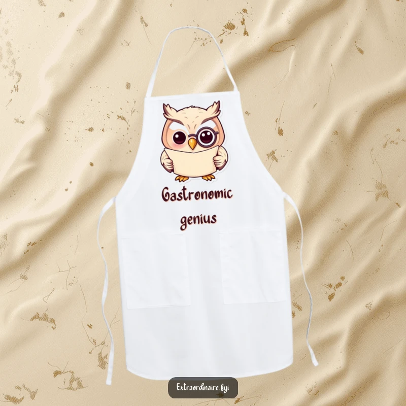 Funny apron with a wise owl wearing a monocle and reading a scroll, perfect for intellectual kitchen fun.
