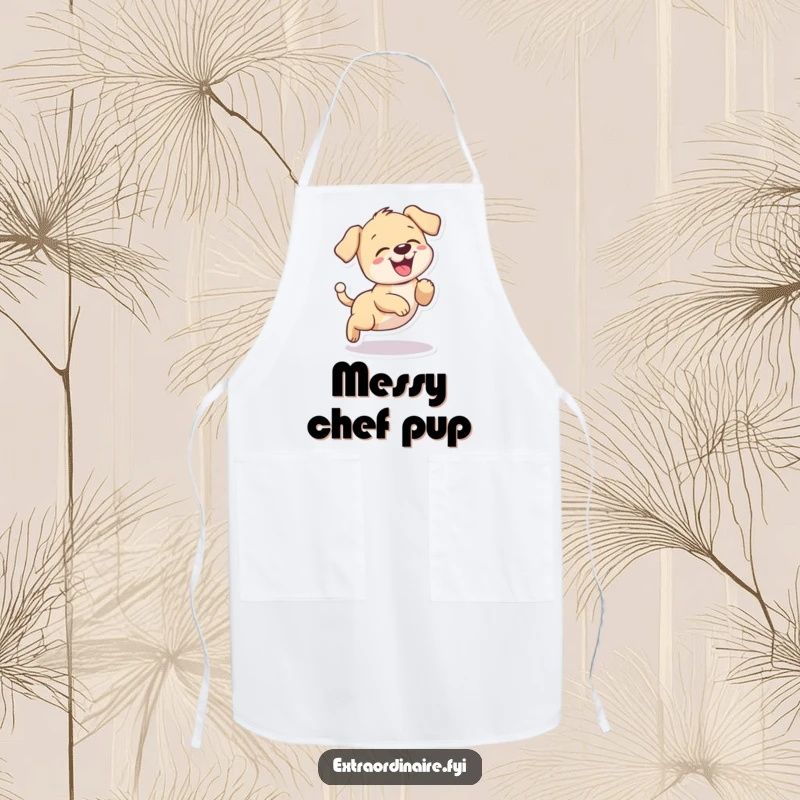 Funny puppy giggling apron, a playful dog chasing its tail in a circle with a cheerful grin.