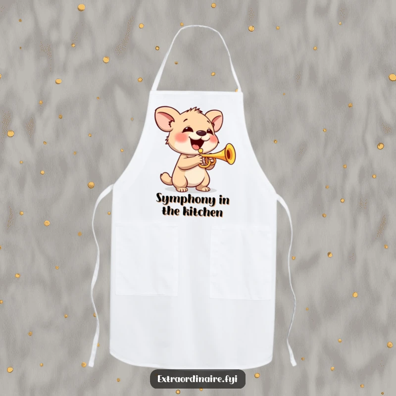 Funny Apron: A smiling animal character joyfully plays a tiny trumpet, perfect for a musical chef.