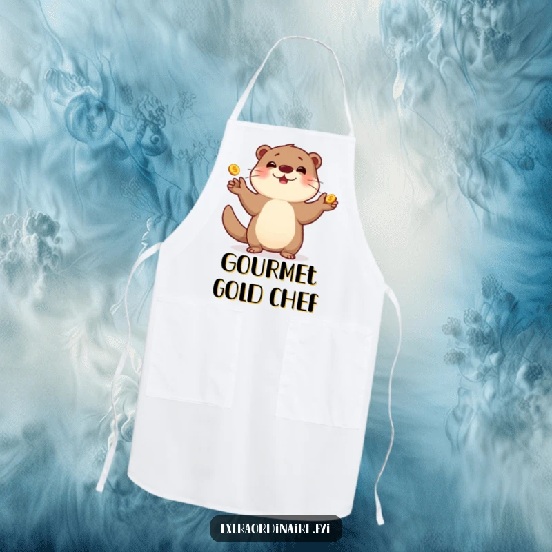 Funny otter apron, juggling golden coins, making kitchen tasks a playful and cheerful occasion.
