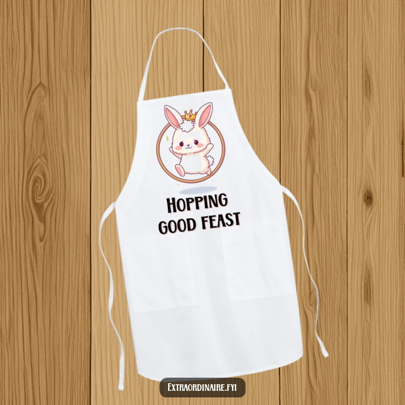 Funny apron showing a fluffy bunny in a tiny crown leaping through a hoop. Ideal for a fun kitchen.