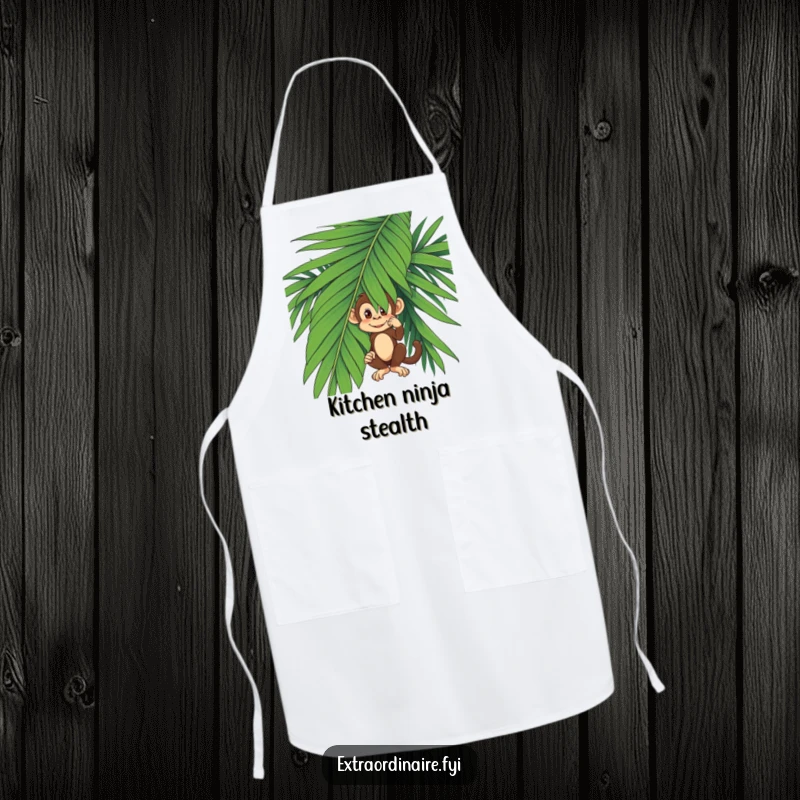 Funny monkey in a chef's hat hiding behind a palm leaf on a durable kitchen apron, ready for cooking.