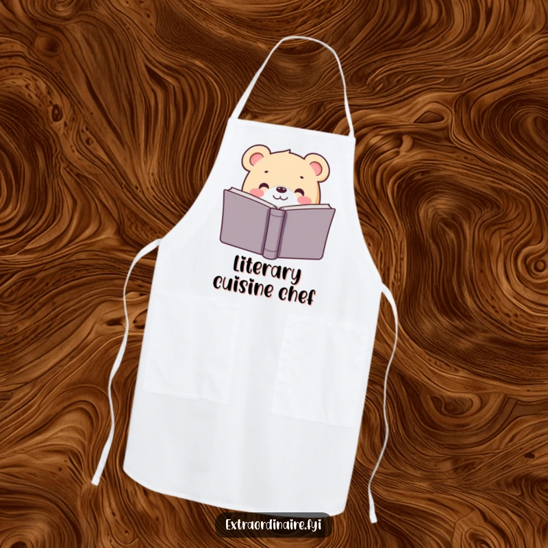 Funny apron with a bear peeking from behind a cookbook, perfect for kitchen fun and protecting clothes during cooking.
