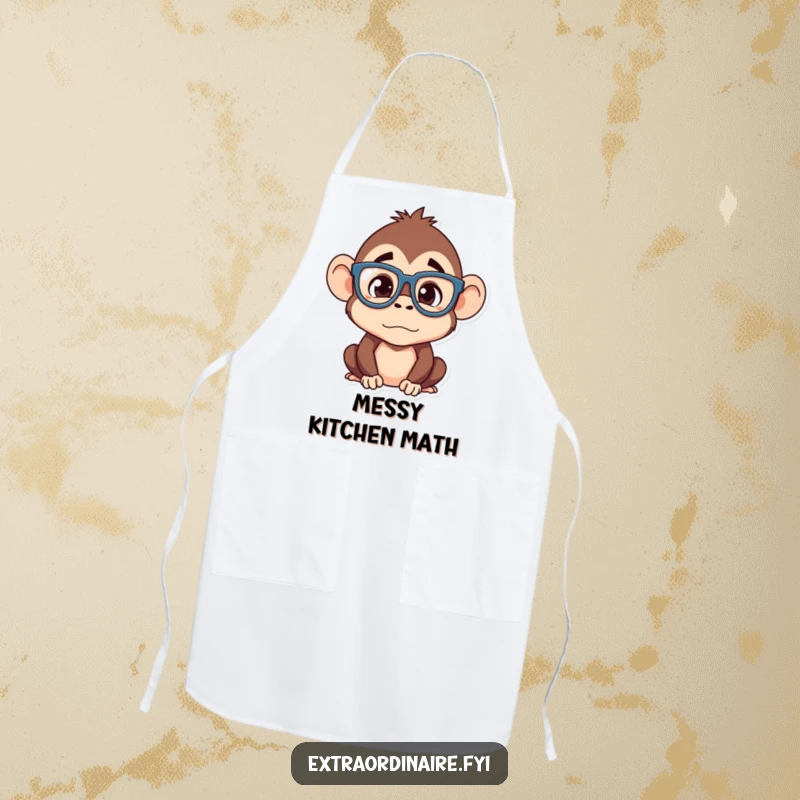 Funny monkey apron, a silly monkey wearing oversized glasses looking confused, humorous kitchen wear for cooking and baking.
