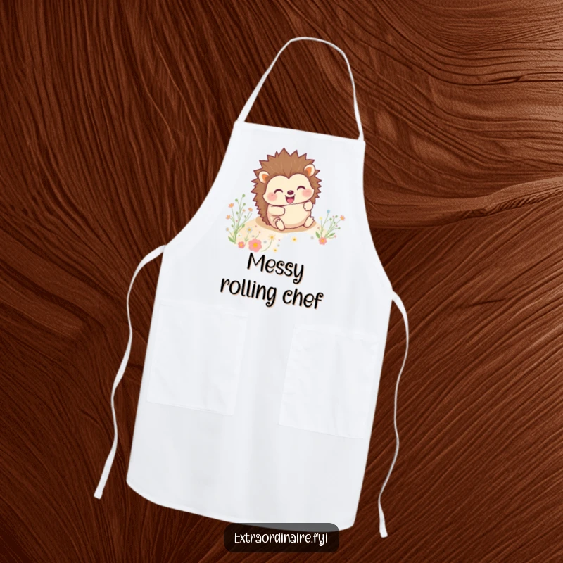 Funny hedgehog rolling with a grin through flowers on a durable kitchen apron, ready for cooking fun.