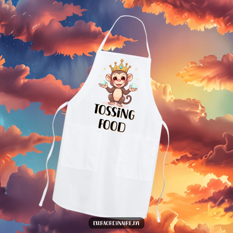 Funny apron showcasing a mischievous crowned monkey juggling sparkling orbs, ideal for a fun and regal cooking experience.