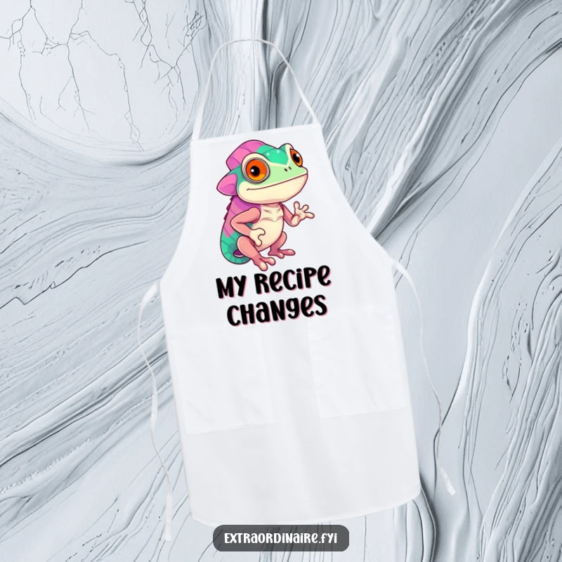 Funny confident chameleon displaying vibrant colors on a kitchen apron, adding bold style to cooking, a stylish accessory.