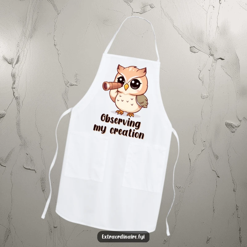 Funny Owl Apron: A curious owl character wears an apron and peers through a sparkly telescope at kitchen ingredients.
