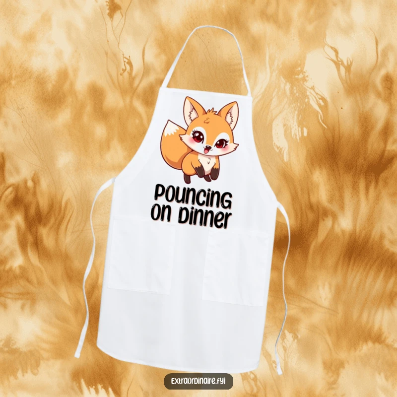 Funny Pouncing Fox Apron depicting a mischievous fox leaping with a twinkle in its eye, perfect for kitchen fun and protection.