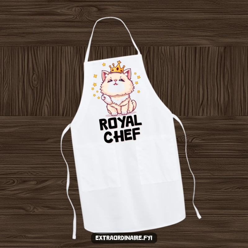Funny cooking apron featuring a crowned cat juggling stars, bringing magic and humor to the kitchen.