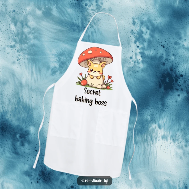 Funny mischievous animal character hiding behind a giant mushroom, peeking out ready to cook playfully on a cute apron.