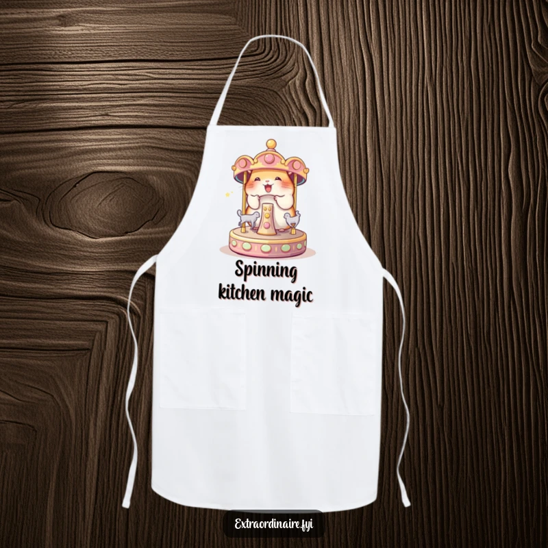 Funny Hamster Carousel Apron: A delighted hamster spinning a tiny magical carousel, ready for funny kitchen adventures.