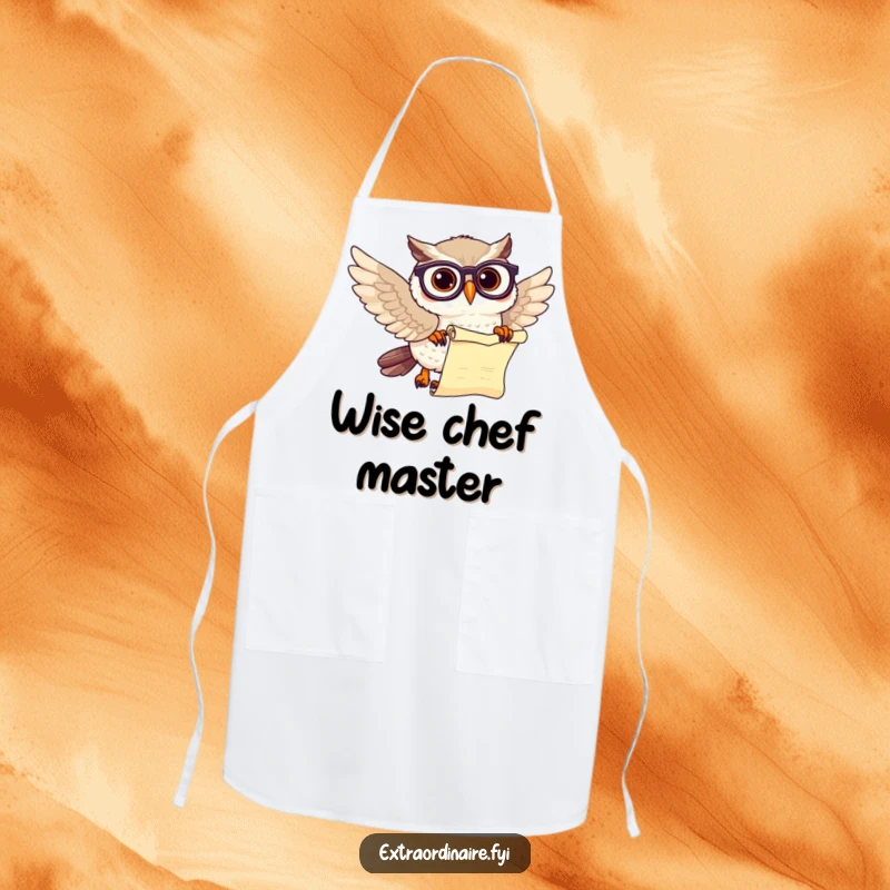 Funny chef owl scholar apron with spectacles and a scroll, perfect for kitchen humor.